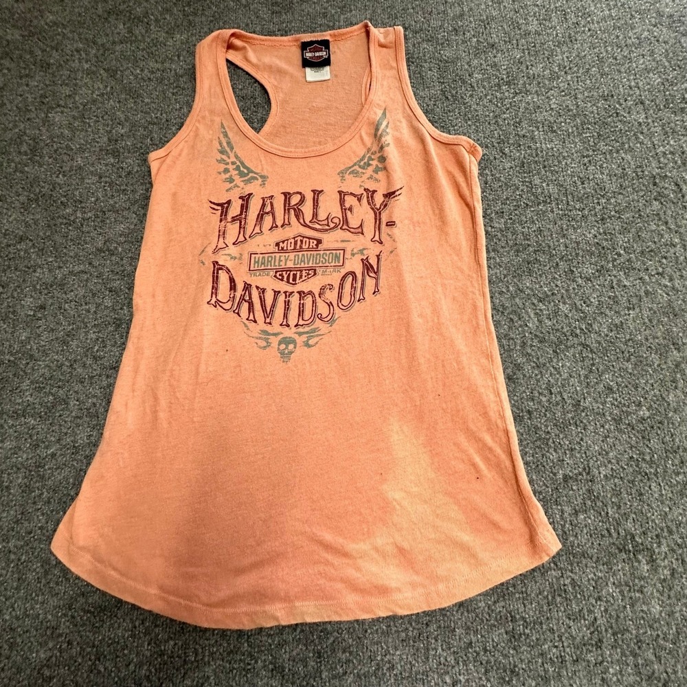 Harley-Davidson Tank Top Womens Size L Orange Racerback Graphic Biker Sleeveless